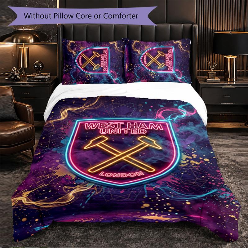 West Ham United Football 3 Piece Bedding Set Soft Duvet Cover Set with Pillowcases Printed Bedroom Decor Set for Home