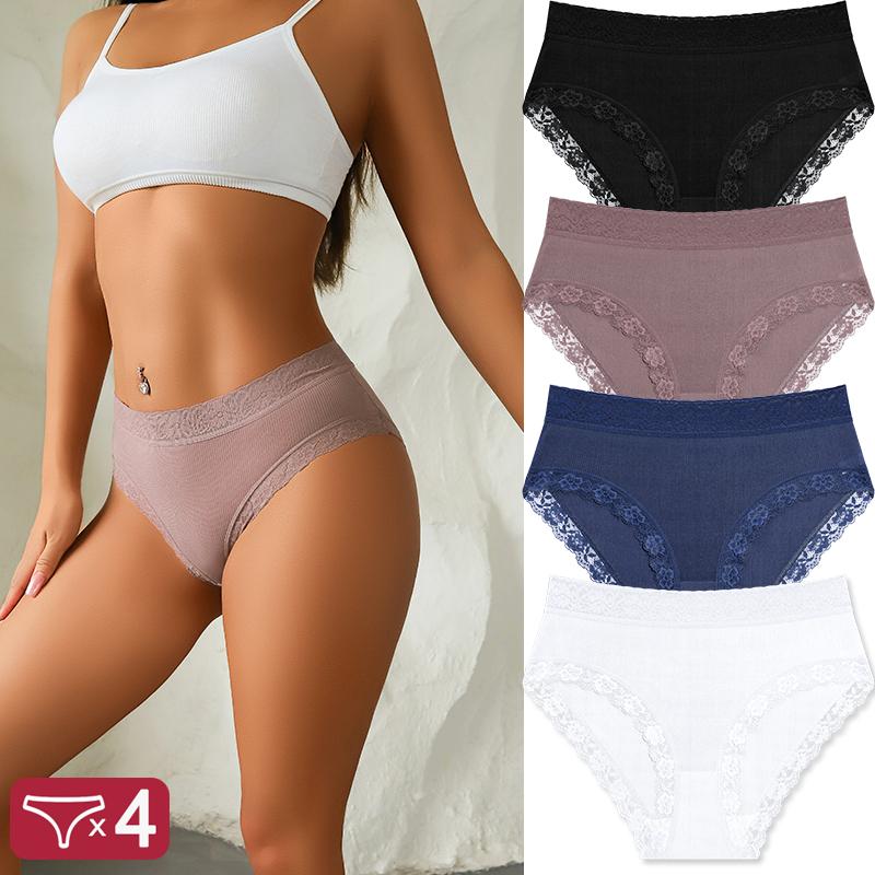 4Pcs Lace Plus Size Underwears Women's Sexy Panties High Quality Striped Briefs Girls Solid Sports Comfortable Lingerie