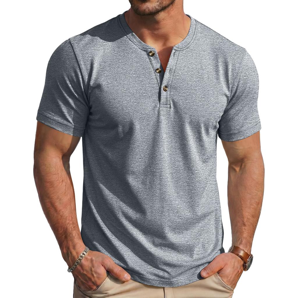 Men's Summer Casual Slim Fit Muscle Texture Henley Short Sleeve T Shirt Lightweight Breathable Vintage Style Tee