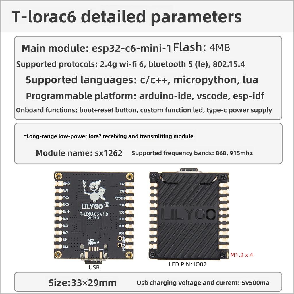 T-LORAC6 ESP32-C6 Zigbee LoRa SX1262 Wi-Fi6 и BLE 5