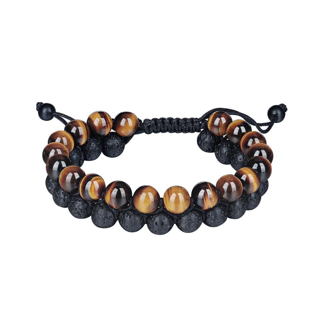 Woven natural stone double-layer bracelet, hand-woven adjustable bracelet, men's yellow tiger eye double-row bracelet.
