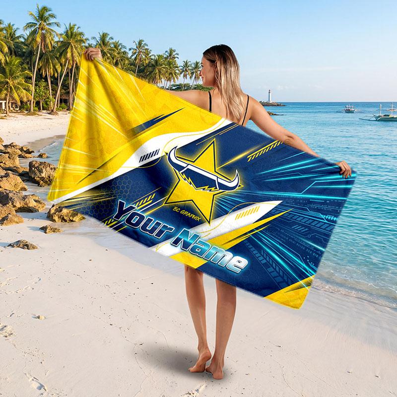 North Queensland Cowboys Customized Name Text Beach Towel, Soft Absorbent Towel Beach Pool Travel Personal Gift