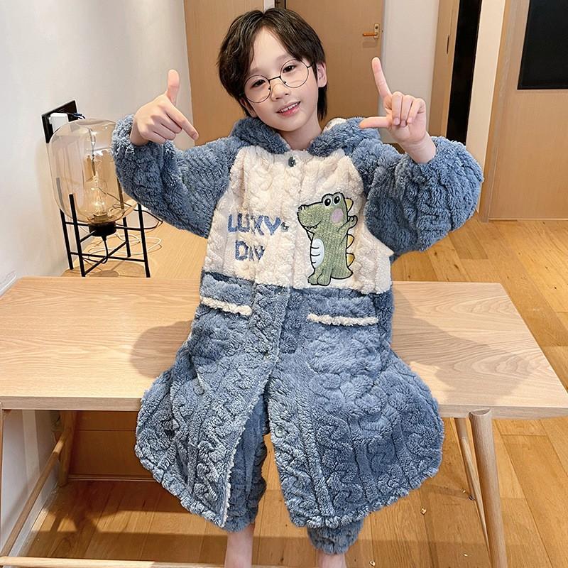 Boys Winter Warm Coral Fleece Pajama Set With Hooded Robe Thick Flannel Sleepwear Kids 8-14 Years