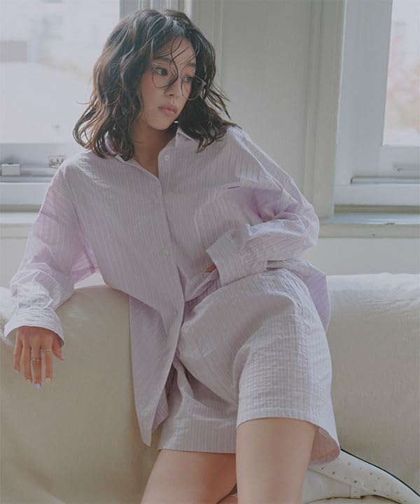 Комплект полосатой рубашки и шорт Kobe Lettuce для весны и удобного размера, синий, женский, летний, для дома, M, [E3474]