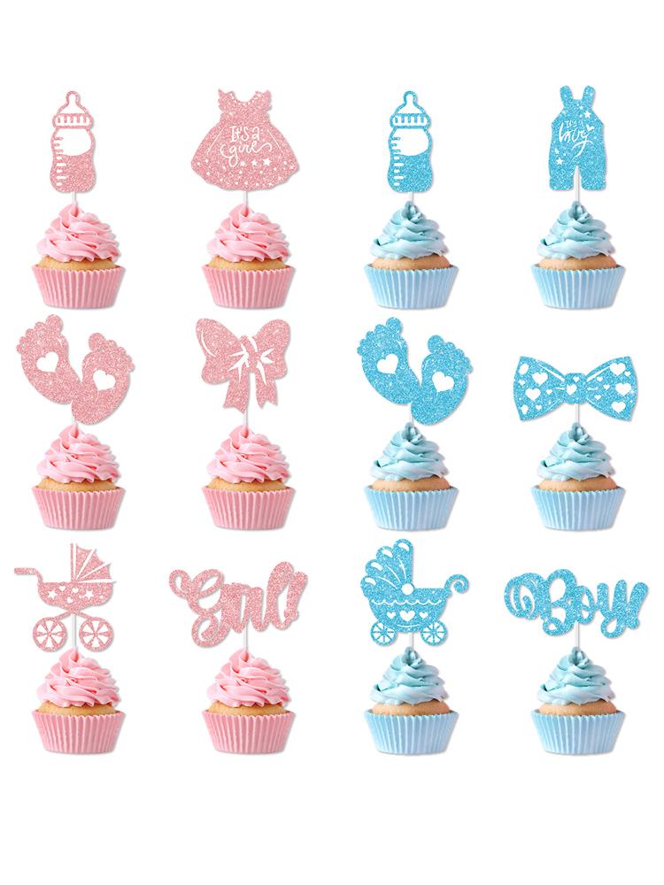 12/24pcs Boy or Girl Cupcake Toppers Glitter Feet Onesie Dress Gender Reveal cake picks Cake Decoration Baby Shower kid birthday