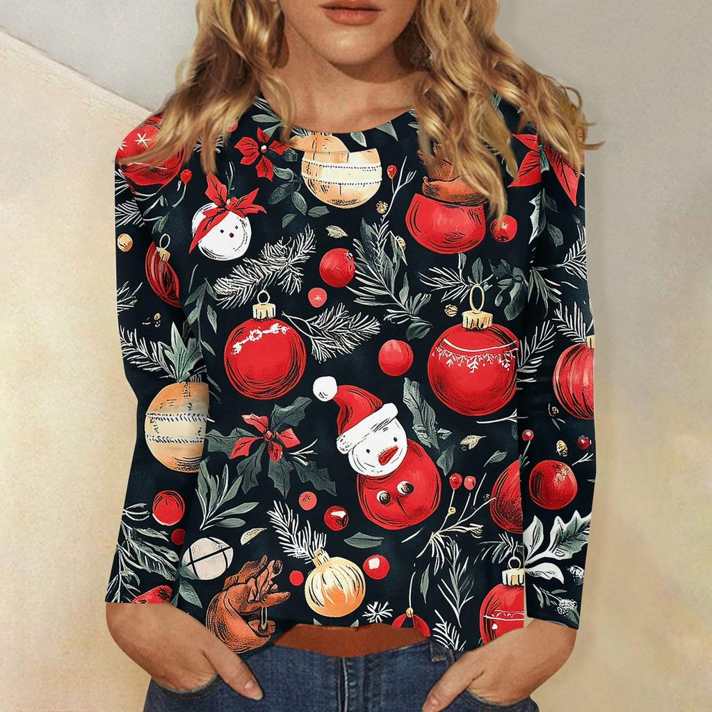 Женская мода повседневный рождественский принт круглый вырез длинный рукав пуловер топ