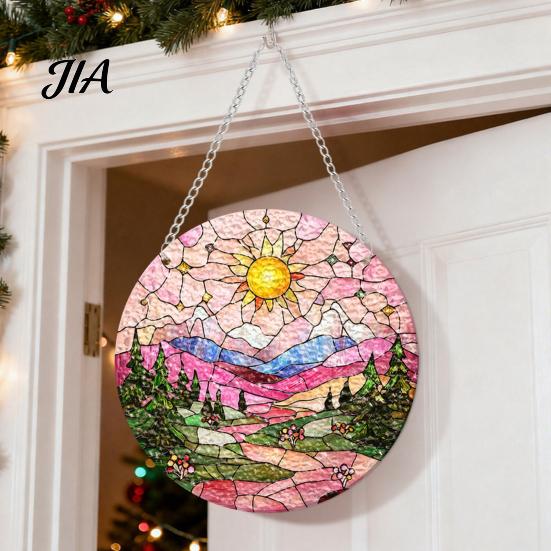 Atmosphere Enhancing Wall Decor Stained Glass Style Acrylic Window Hanging, Tree of Life & Winter Forest Double Sided Printed Ornament Round