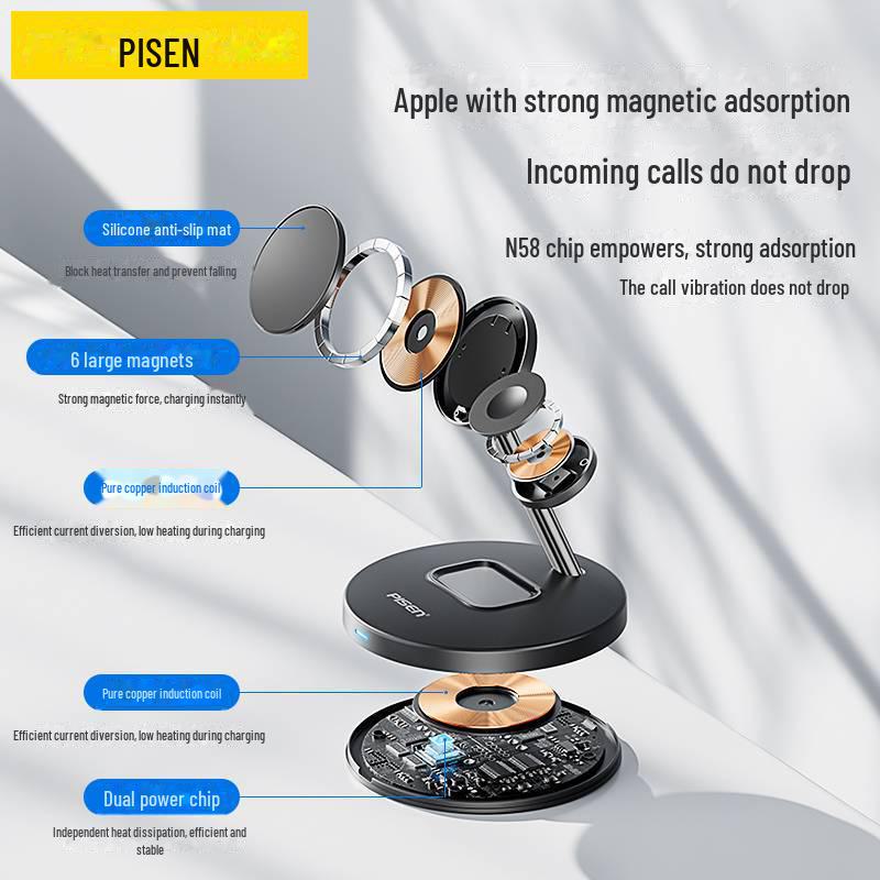 PISEN 15W 3-в-1 беспроводное зарядное устройство MagSafe для телефона, часов и наушников с подставкой