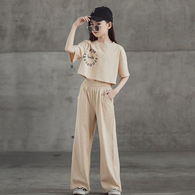 Комплекты одежды для девочек-подростков весна-лето, детские короткие топы, футболка + брюки, 2 предмета, детский спортивный костюм 5, 6, 8, 10, 12, 14 лет