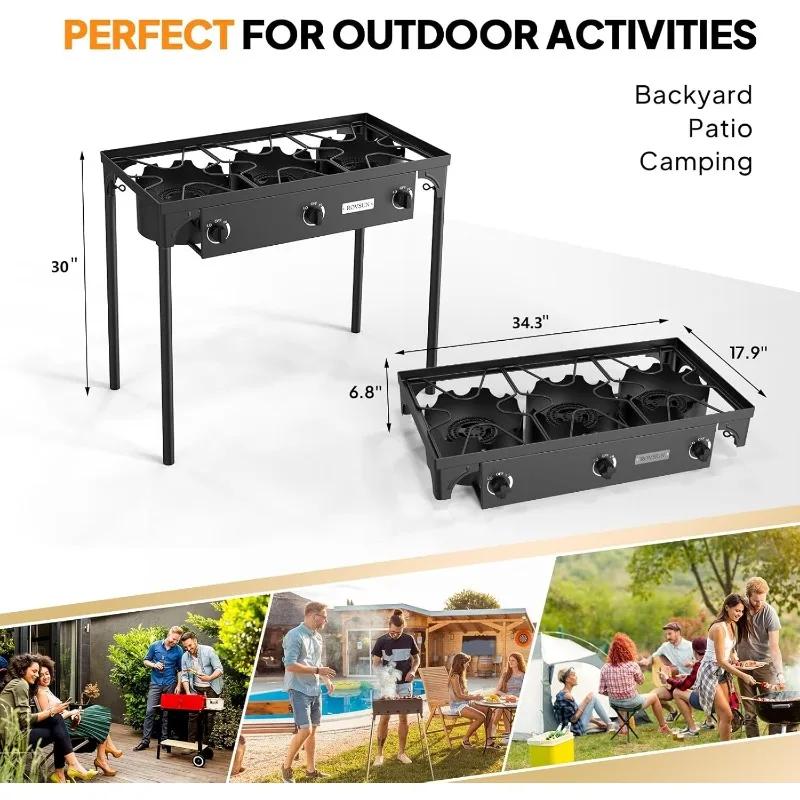ROVSUN 3 Burner Propane Gas Stove, 225,000 BTU High Pressure Outdoor Camping Burner, CSA Listed Regulator, Picnic Cooker Perfect