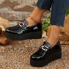 Patent Leather Single Shoes Autumn New Round Toe Deep Mouth Metal Buckle Platform Non-Slip Heeled Loafers