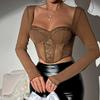 Уличная мода, кружевные сетчатые сексуальные укороченные топы, женские Y2K, облегающая блузка с квадратным вырезом, элегантные женские рубашки с длинным рукавом 30588
