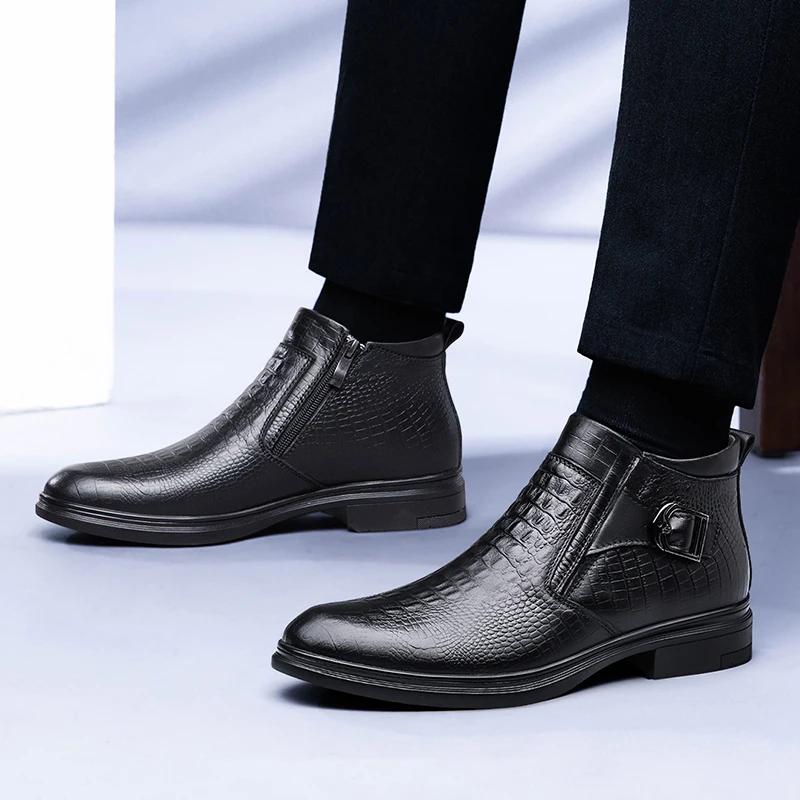 Fashion Mens Genuine Leather High Quality Boots Fashion Causal Boots Chelsea Shoes Pointed Boots Business Warm Plush Cowboy Ankle Boots