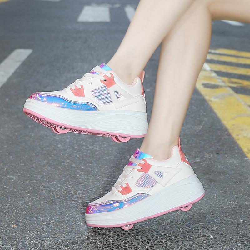 Детские роликовые коньки с четырьмя колесами, съемная плоская спортивная обувь для девочек, розовые роликовые коньки, спортивная обувь, розовые кроссовки