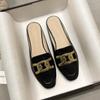 Fashion Mules Shoes Square Toe Metal Chains Slippers Women Flat Heel Outdoor Footwear 41 42 Big Size Semi-trailing Sandals for Women
