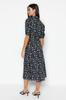 Women's Fashion New Dress Black Floral Pattern Slit Woven Shirt Dress