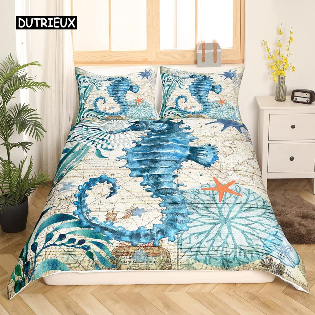Пододеяльник с бирюзовым узором King Queen Ocean Spanish Mackerel Пододеяльник с изображением морского подводного мира Морская жизнь Комплект постельного белья из полиэстера