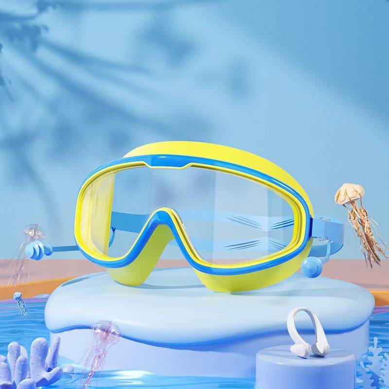 Children's Swimming Goggles with Large Frame Waterproof and Anti Fog High-definition Protective Glasses Including Earplugs