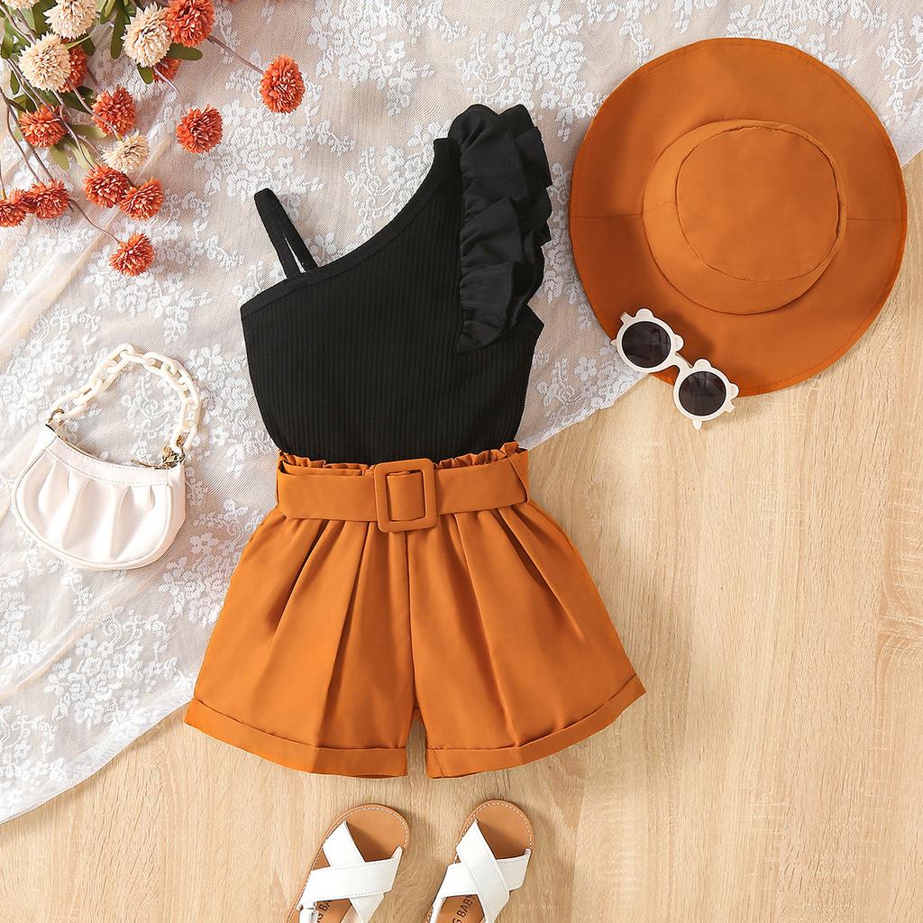 Новый летний комплект для девочек с топом на бретельках, рукавами-крылышками, шортами и шапочкой для детей маленького и среднего роста