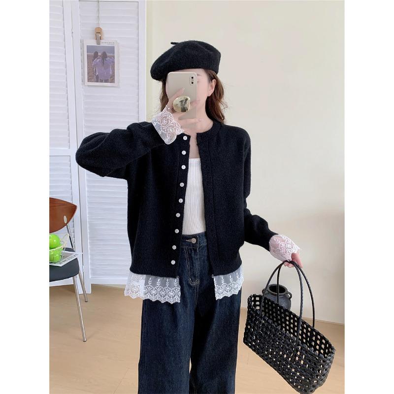 Осень и зима новый дизайн кружевная вставка кружевной вязаный кардиган женский свободный омолаживающий свитер куртка