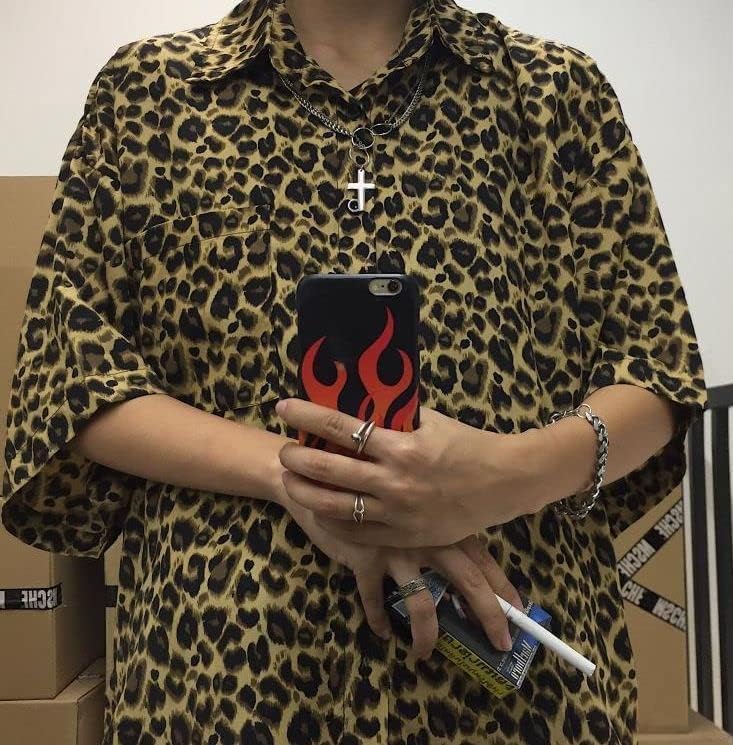 Aspersio Leopard Print Collared Short Sleeve Stylish American Casual Style with Chest Aloha Open Front Animal Casual Open Print Shirt, Men's
