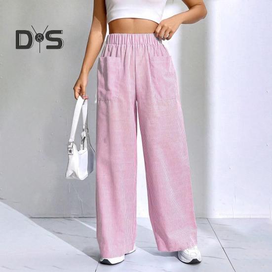 Женские брюки с эластичной талией, средней посадкой, широкие длинные брюки с карманами, клетчатый принт, удобные повседневные брюки