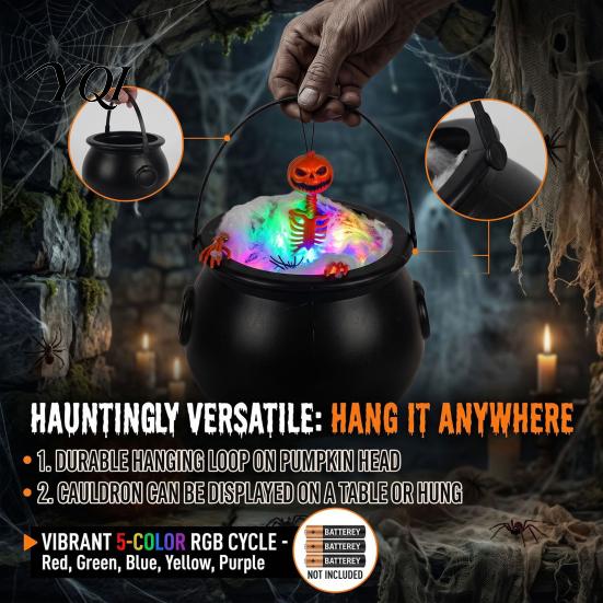 Outdoor Hanging Halloween Props Cauldron Light, Color Changing Glowing Pumpkin Skull Indoor Scene Layout Decor, Spooky Yard Prop for Party Decorative