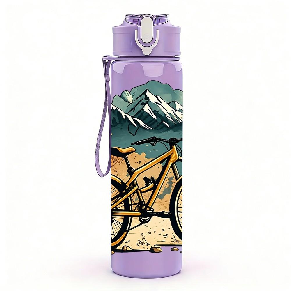 1PC Mountain Bicycle Nature Scene 750ml Color Plastic Sports Water Bottle Leakproof Flip Straw Lid Suitable for Sports Office Home Use