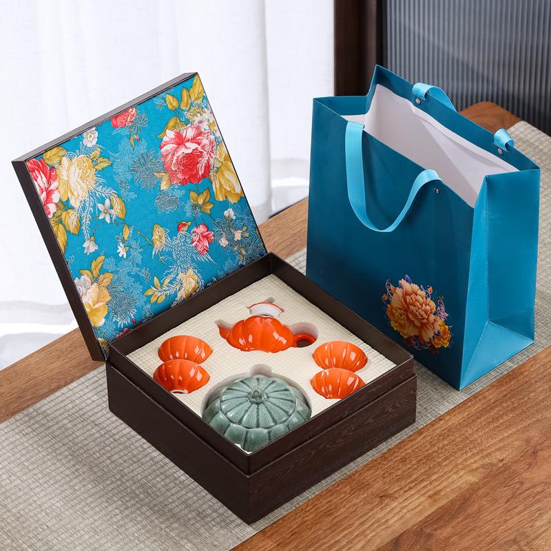 Керамический чайный сервиз в форме тыквы, подарочный набор, китайский ретро-чайный сервиз, набор из чайника и чашки