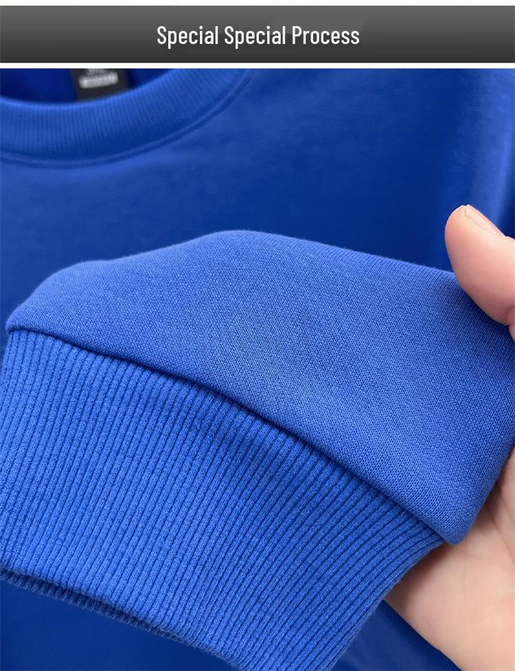 High-End Men's Royal Blue Embroidered Sweatshirt, Round Neck, Velvet-Lined for Autumn/Winter Warmth