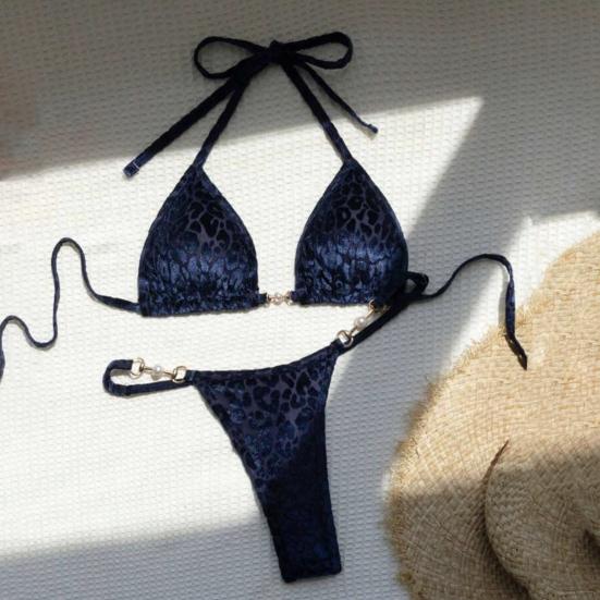 2Pcs/Set Women Sexy Bikini Set Leopard Print Halter Bra Faux Pearls Briefs