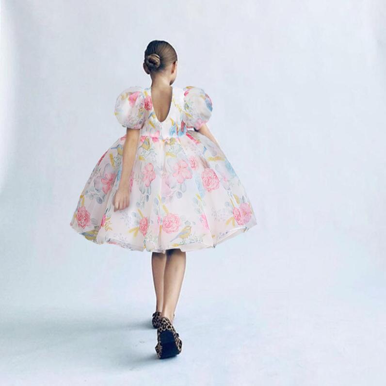 2024 Новое европейское и американское платье принцессы из тюля с цветочным принтом и рукавами-фонариками для девочек