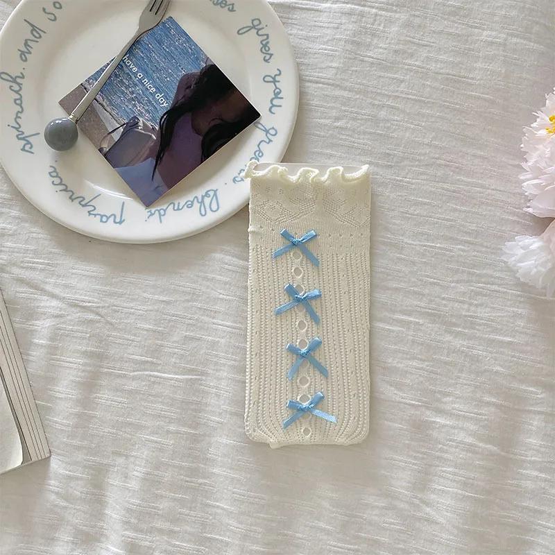 Сетчатые чулки Lolita Kawaii кружевные носки с оборками ажурные гольфы милые бантики JK Sweet Girls длинные носки женские чулки