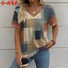 S-8XL Футболка размера плюс Летняя винтажная женская футболка Повседневная клетчатая одежда Уличная одежда с V-образным вырезом и коротким рукавом Футболки