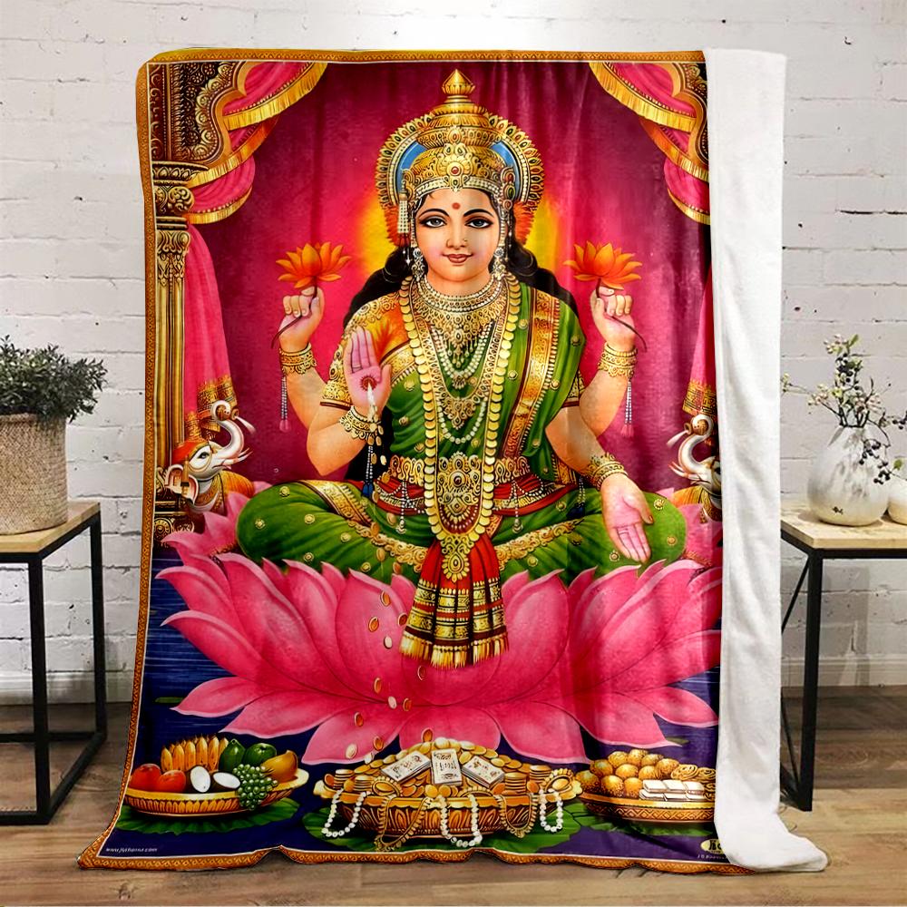 Hindu Goddess Lakshmi on Lotus Blanket PrintFlannel blanket for bedroom, living room, sofa, and nap