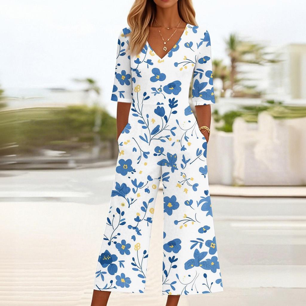 Женский свободный повседневный комбинезон с V-образным вырезом и принтом, облегающий комбинезон с широкими штанинами, комбинезон с широкими штанинами