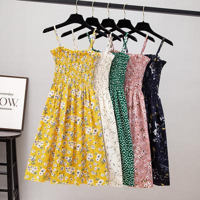 Лето 2023, женское эластичное мини-платье с высокой талией на бретельках, повседневное платье без рукавов с цветочным принтом, женские шифоновые платья