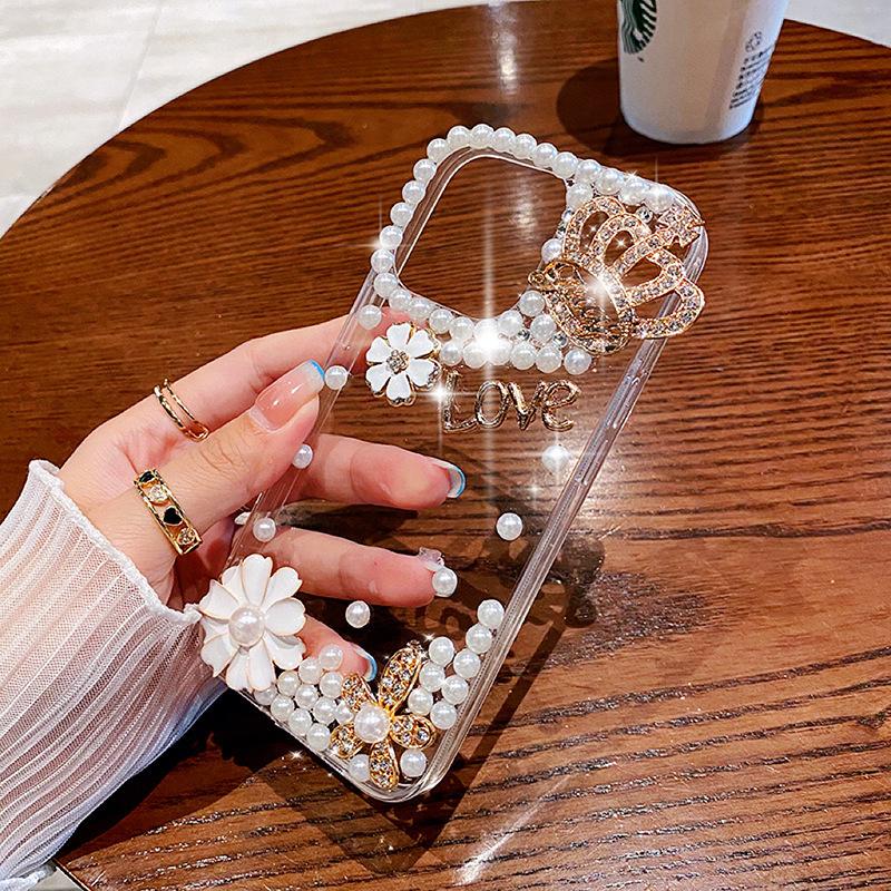 Чехол для мобильного телефона Crown Pearl Flower Apple 16 15ProMax Rhinestone Iphone13 Прозрачный силиконовый чехол 14 Применимо 12