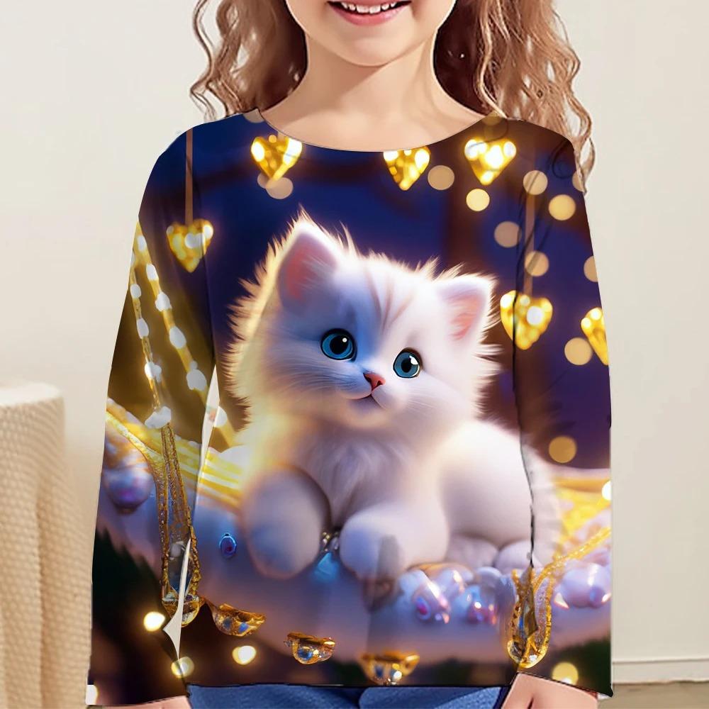Children's Cute Cat 3D Digital Printed Girl Fashion Trend Round Neck Long Sleeved T-shirt