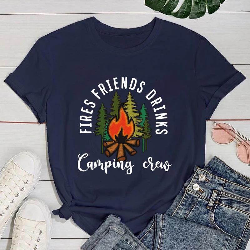 (Премиум-футболка)Женские модные футболки с принтом 'Костры, друзья, напитки, кемпинг', летние повседневные свободные с круглым вырезом