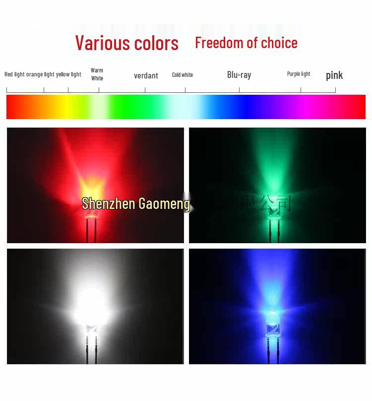 Светодиод LED 4 мм, круглая головка, прозрачный, с фланцем, короткие выводы, разноцветный (Белый, Красный, Синий, Желтый, Розовый, Фиолетовый, Зеленый) Прямое подключение.