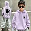 Cute Cartoon Wow Black Cat Front & Back Graphic Kids Hoodie Loose Oversized Pullover Boys Girls Streetwear Sweatshirt