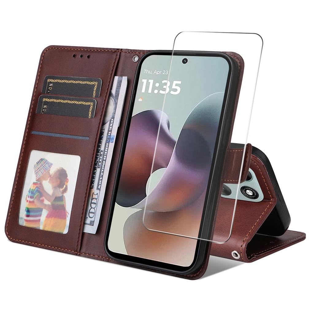 For Motorola Moto G66j 5G/Motorola Moto G66y 5G/Motorola Moto G56 5G PU Leather Wallet Case Phone Stand Cover with Tempered Glass