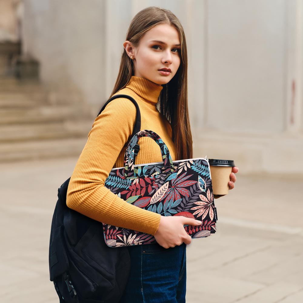 13" Laptop Bag with Large Leaves Pattern - Black