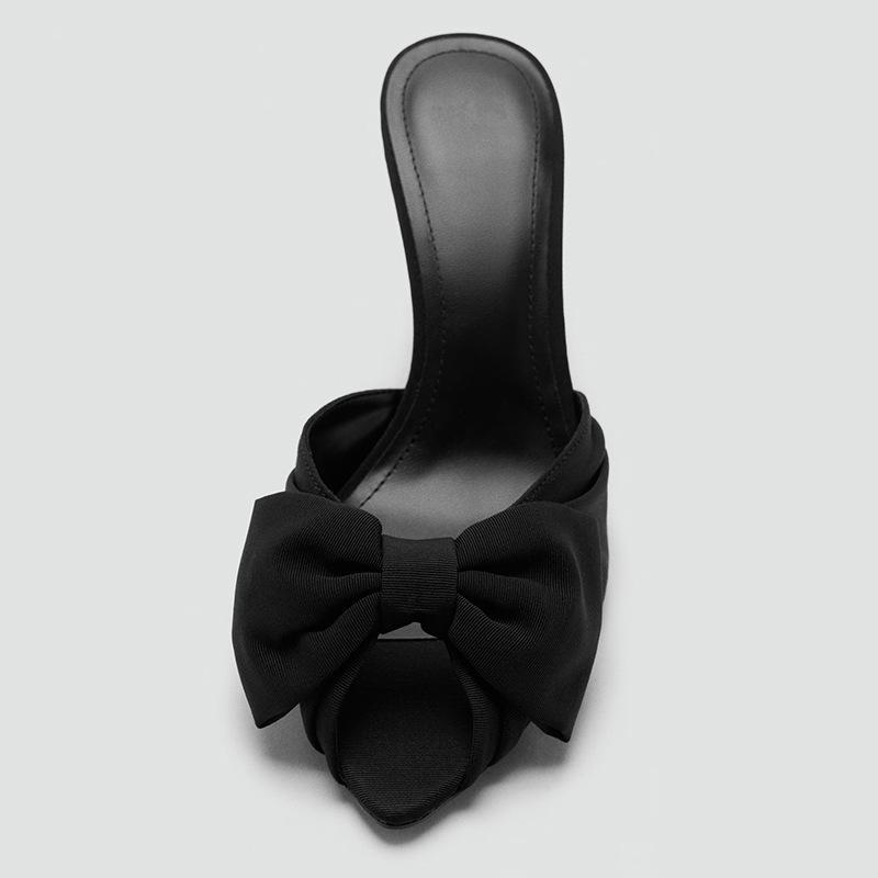 Elegant Bow Decoration Black Heeled Slippers Women Novelty Peep Toe Pleated Slide Sandal Luxury Banquet Dress Shoe Zapatos Mujer