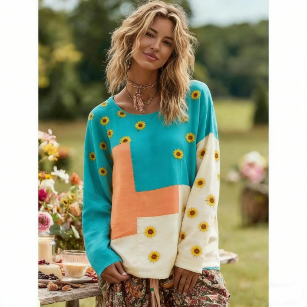 Модная женская футболка в богемном стиле, с цветными вставками, пуловер, одежда для Европы и Америки, женская, с длинным рукавом, для активного отдыха, повседневные футболки, топ