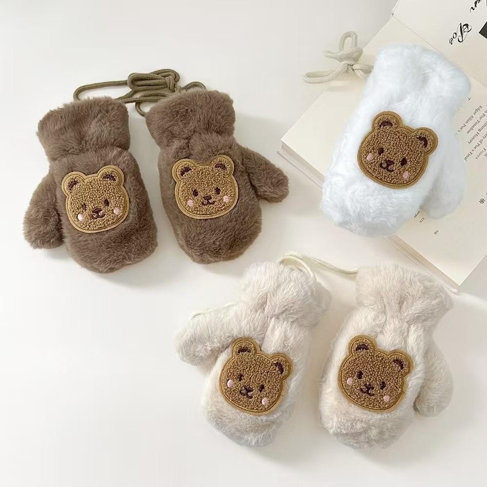 Faux Fur Cartoon Bear Gloves Waterproof Toddler Fingerless Gloves Outdoor Sports Mittens For Boys