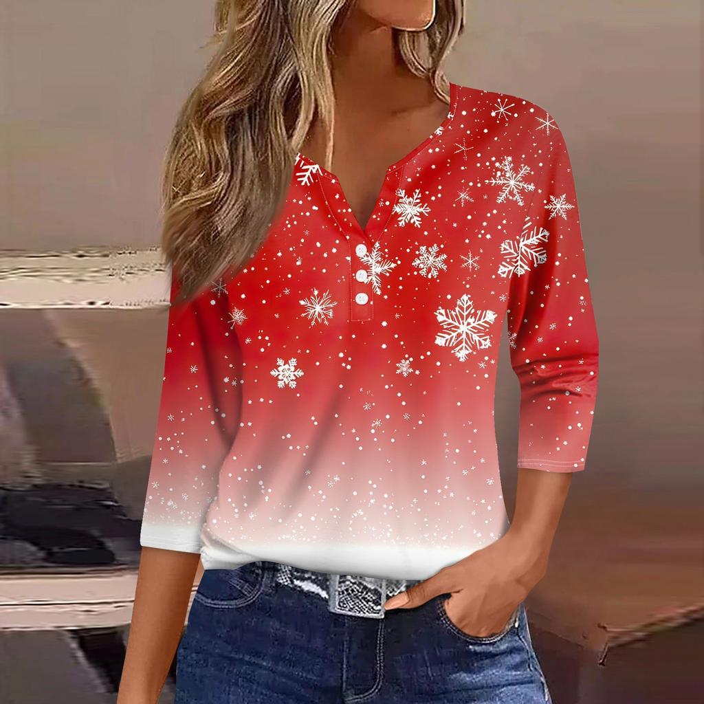 Women's T Shirt Christmas Print Button 3/4 Sleeve Daily Weekend Fashion Basic V- Neck Regular Top