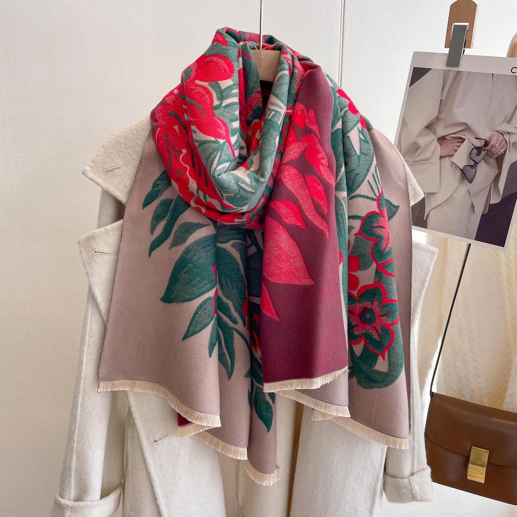 Double-Sided Imitation Cashmere Printed Scarf Women'S Warm Thickened Fringed Scarf Flower Blooming Rich Long Fashion Versatile Shawl