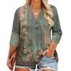 Plus Size Women's Fashion Casual Vintage Print V-Neck 3/4 Sleeve Button T-Shirt Top